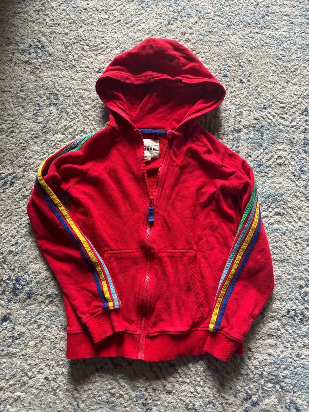 Mini Boden Cotton Red Kids' Zip-Up Hoodie with Sleeve Stripes